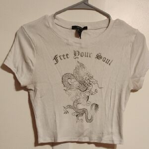 Forever 21 Cream Graphic Short Sleeve Crop T-Shirt